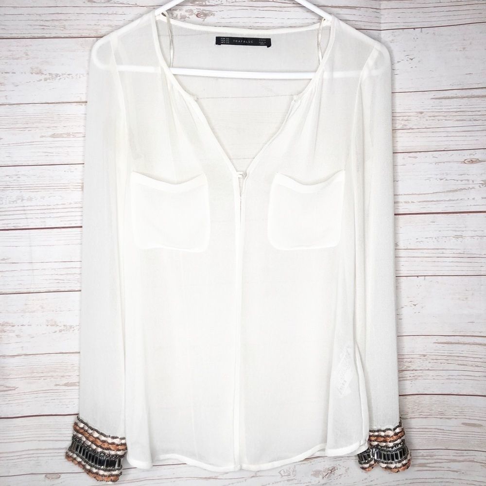 Trafaluc Zara sheer coverup beaded cuffs szXS